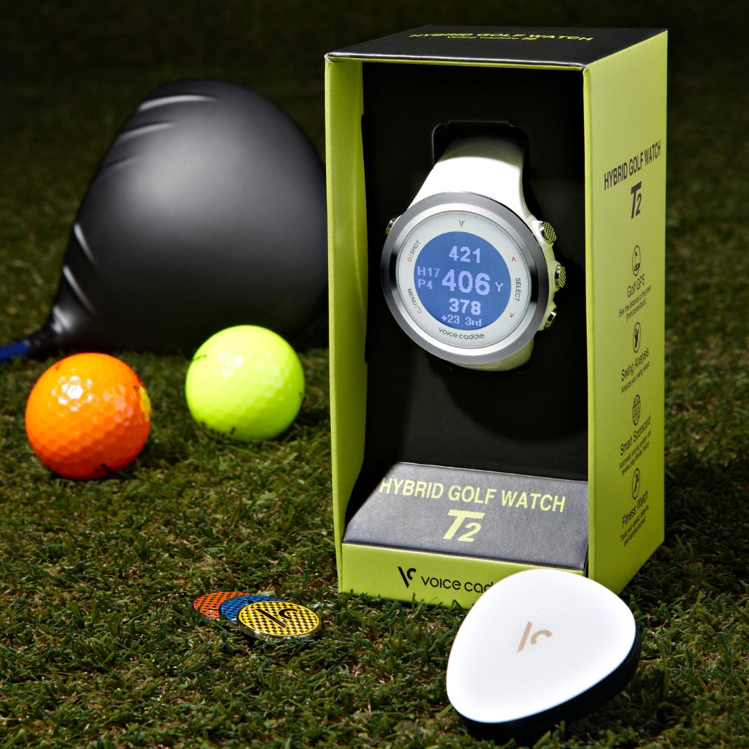 voice caddie blue yellow red ball markers next to white t2 golf watch and white vc300se