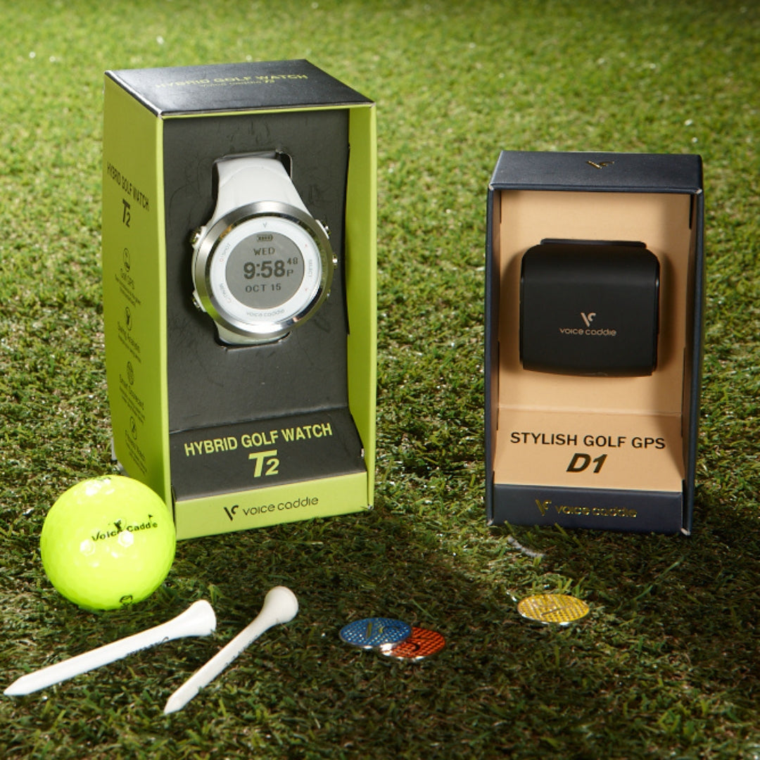 voice caddie blue yellow red ball markers next to white t2 golf watch and black d1