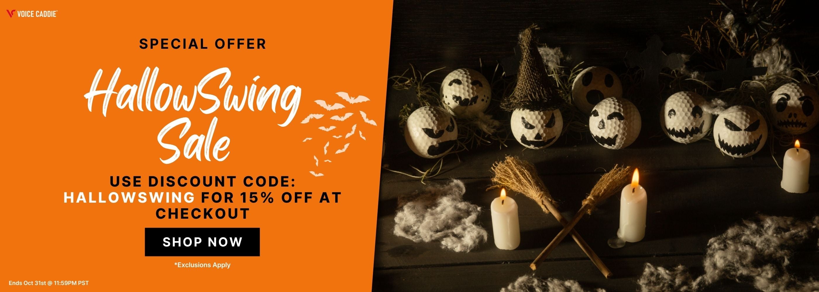 Halloween-themed sale banner with pumpkins and candles on an orange background