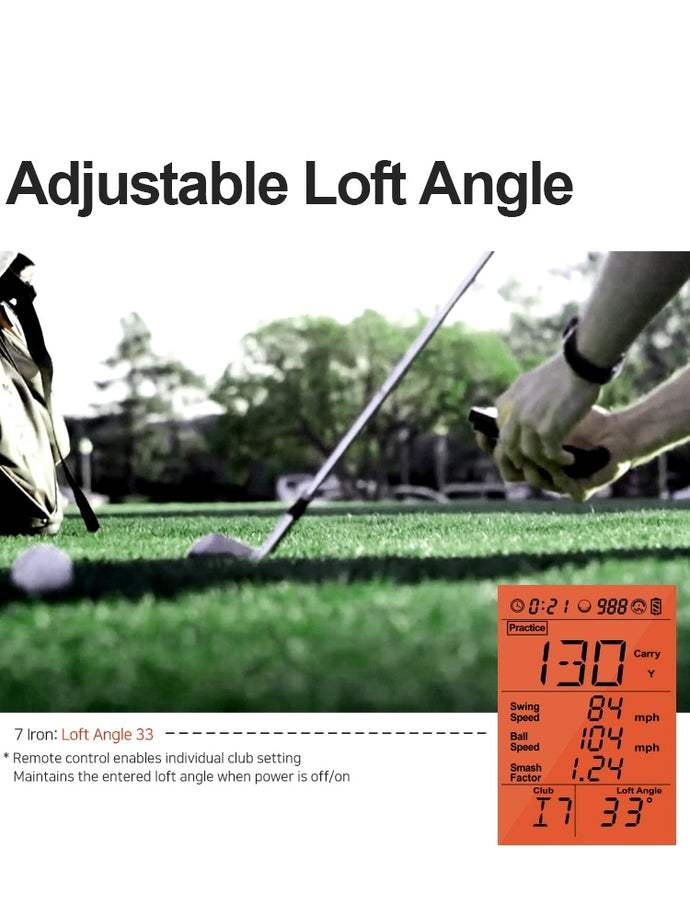 Headline: Adjustable Loft Angle
Bullet points: Remote control enables individual club setting, maintains the entered loft angle when power is off/on