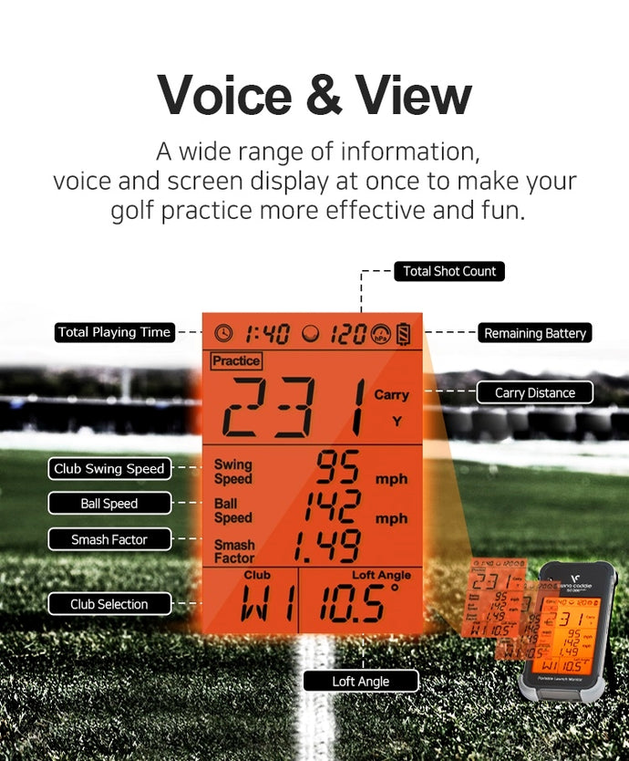 Headline: Voice & View 
A wide range of information, voice and screen display at once to make your golf practice more effective and fun 